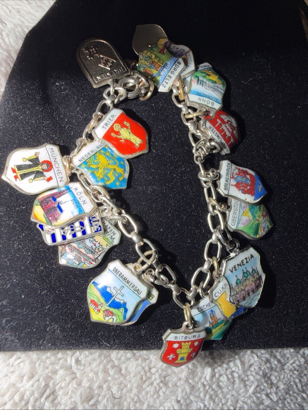 Vintage European Shield Charm Bracelet - Multicolor Enamel Shields